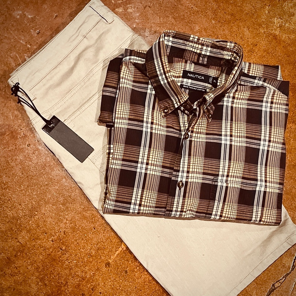 Vintage Nautica Button Down Shirt Maroon Tan Cream XL